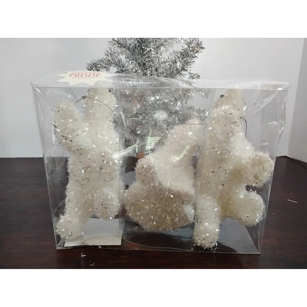 Silver Tinsel Tabletop Christmas Tree 20in and 3 White Polar Bear Ornaments Set